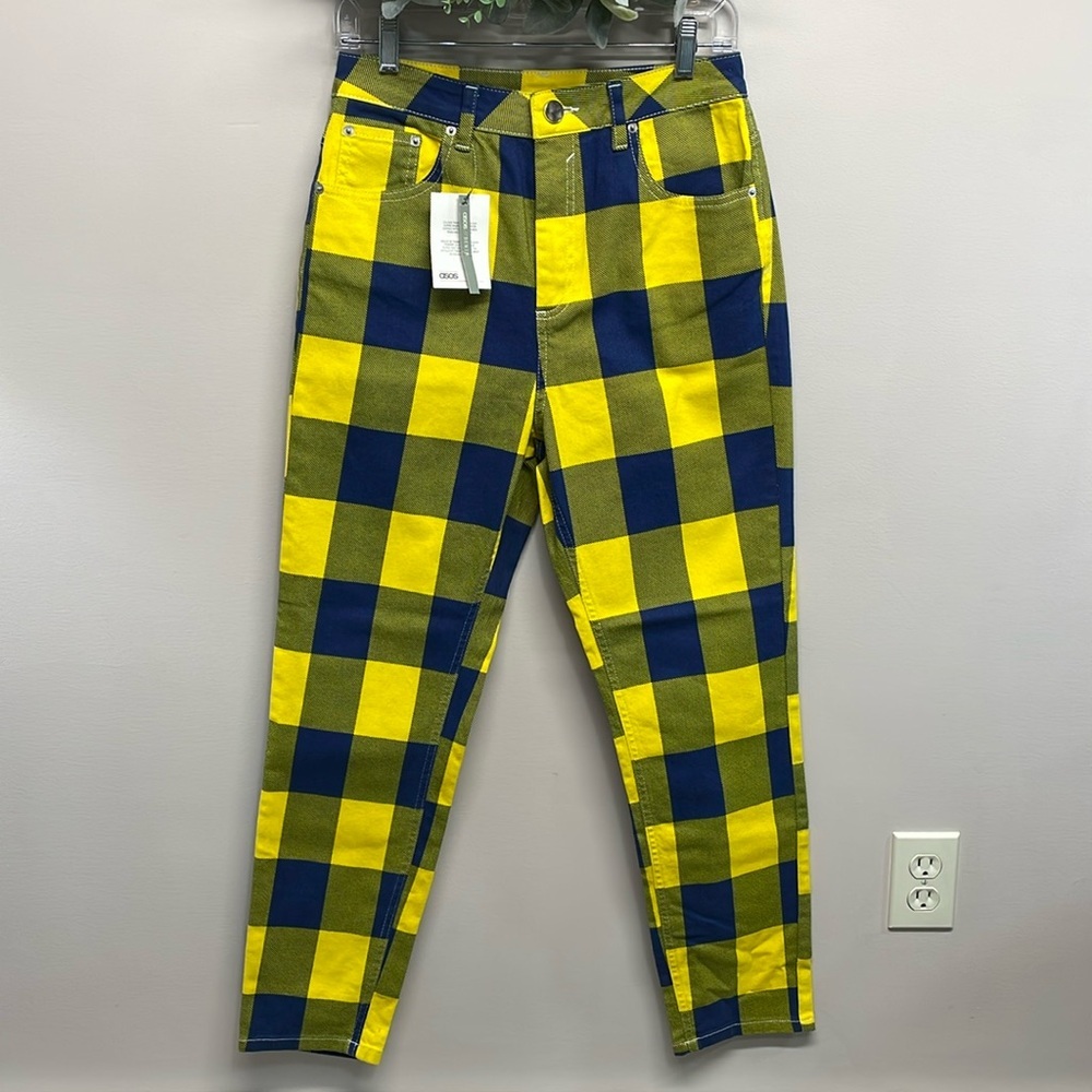 NWT ASOS Blue and Yellow Plaid Checkered High Rise Jeans 30